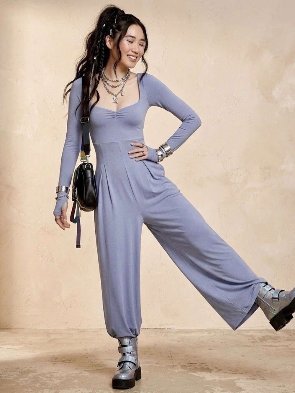 Blogilates Popflex Blue Sweetheart Wide Leg Stretch Long Sleeve Jumpsuit Small